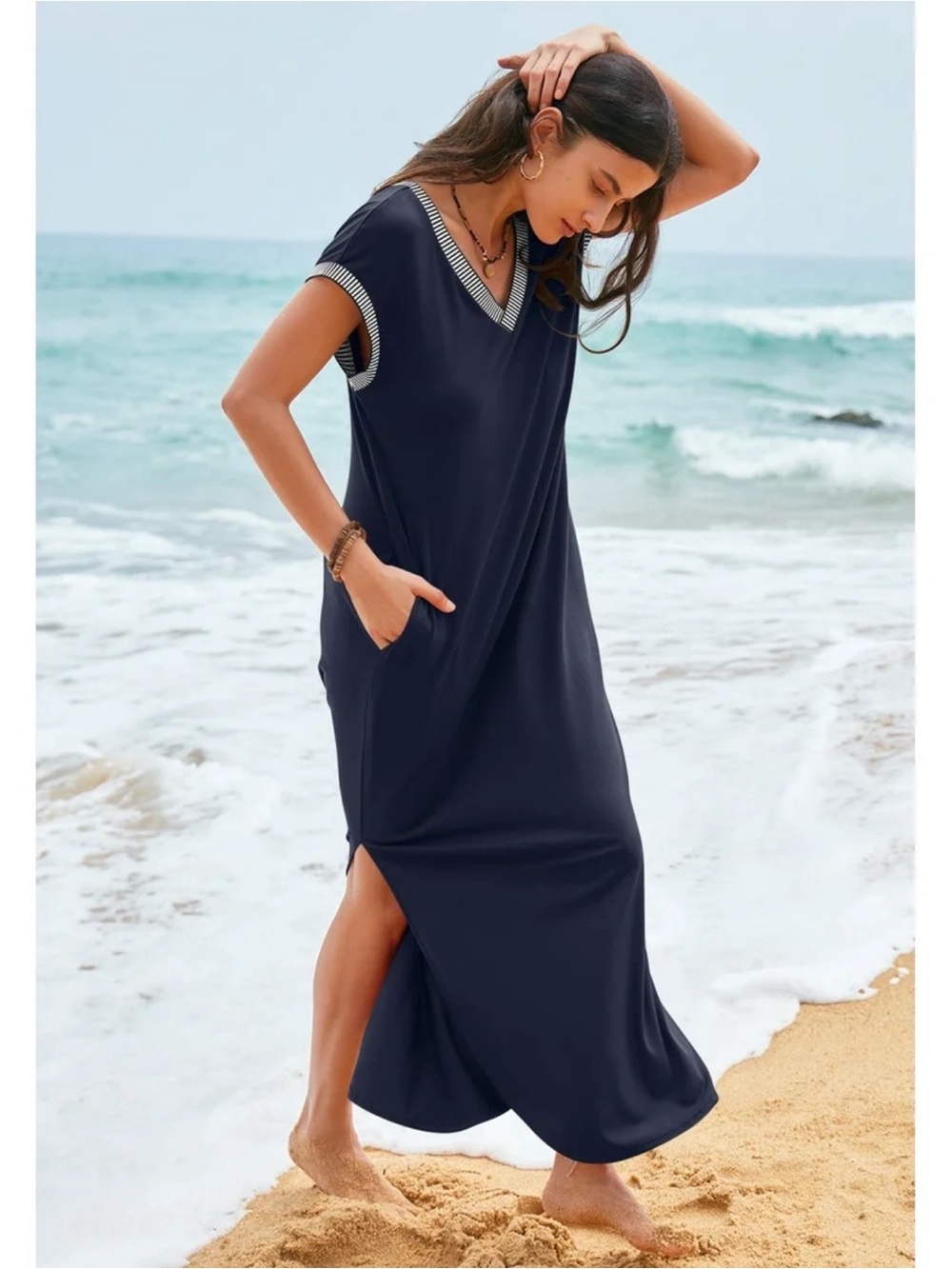 Navy V-Neck Maxi Swim Cover-Up with Striped Trim.  384